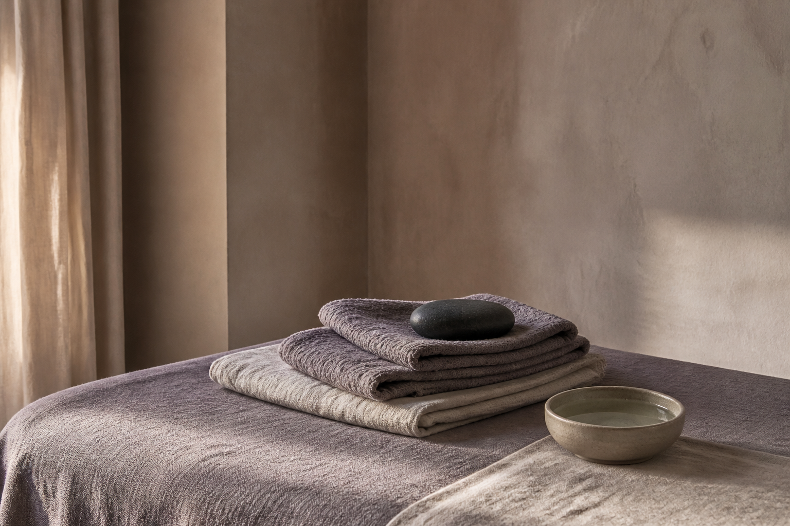 Folded linens, a dark stone, and a ceramic water bowl in a quiet treatment room