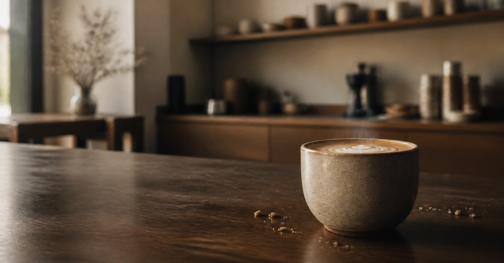 A handmade flat white on a warm café counter