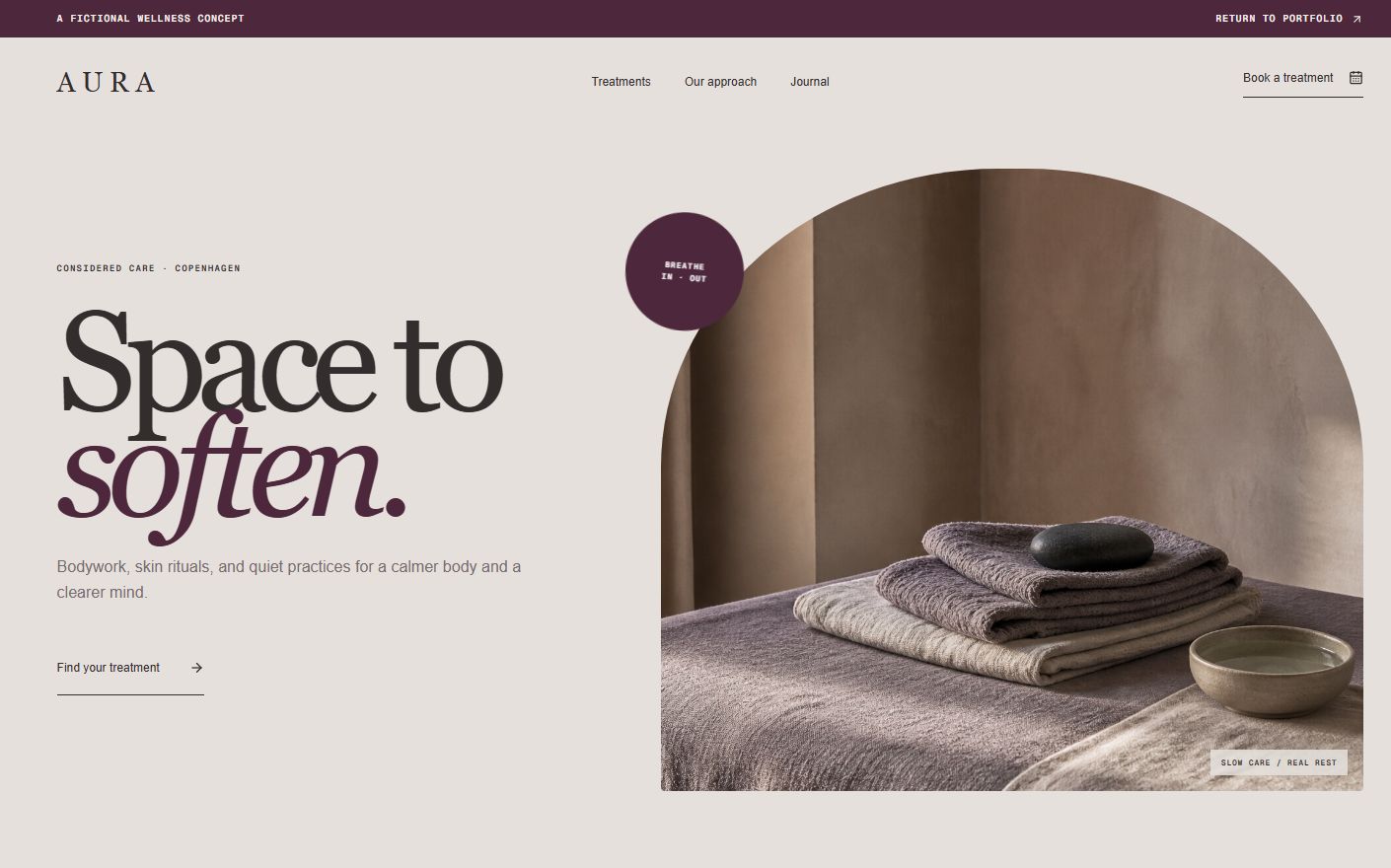 AURA wellness studio concept homepage with soft editorial typography and treatment imagery