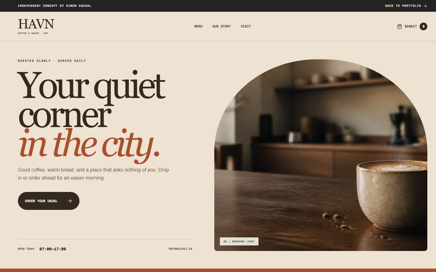 HAVN Coffee concept homepage with editorial typography and a coffee shop photograph