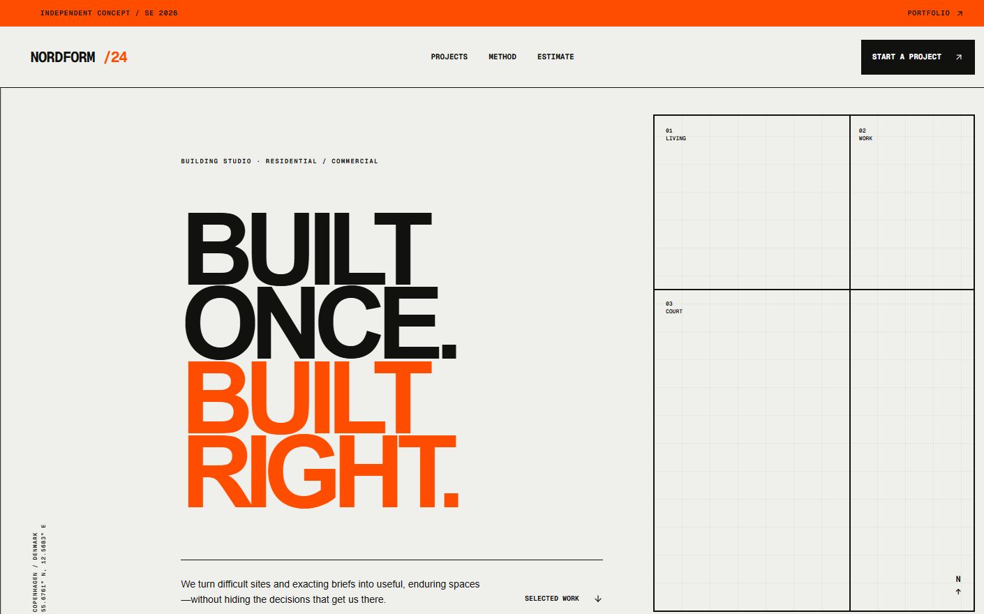 NORDFORM building studio concept homepage with bold black and orange typography